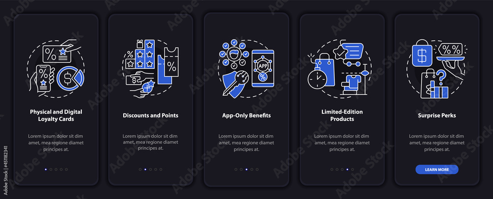 Wall mural grocery store loyalty program ideas dark onboarding mobile app page screen. walkthrough 5 steps grap