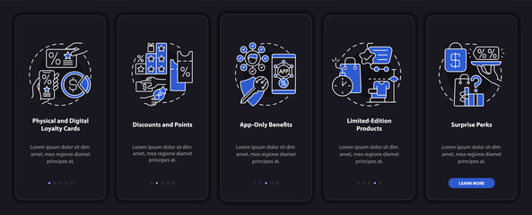 Grocery store loyalty program ideas dark onboarding mobile app page screen. Walkthrough 5 steps graphic instructions with concepts. UI, UX, GUI vector template with linear night mode illustrations