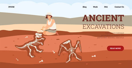 Cartoon female archaeologist character at excavation looking for dinosaur bones © Kudryavtsev