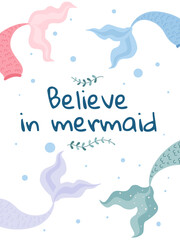 Poster or card with multicolored mermaid tails with lettering.