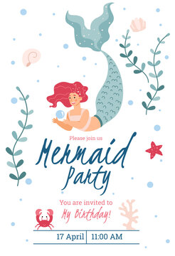 Mermaids party banner or invitation template, flat vector illustration.