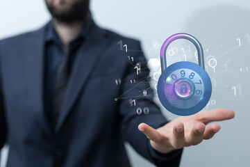 Businessman using digital padlock with data protection 3D rendering