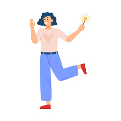 Cute happy young woman holding holiday sparkler a vector illustration.
