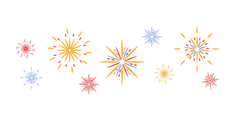 Colorful fireworks exploding in the sky, flat vector illustration isolated. - obrazy, fototapety, plakaty