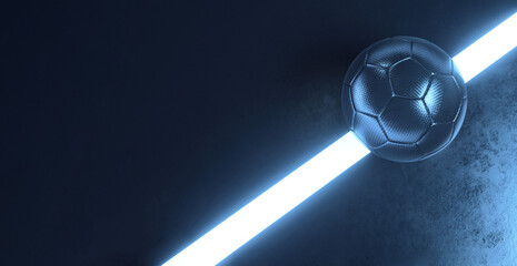 Futuristic black futsal indoor soccer field with ball laying in the center and glowing white lines background