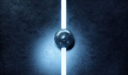 Futuristic black futsal soccer field with ball laying on the line and light coming from above...