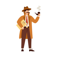 Detective character hold smoking pipe and folder with investigation documents.