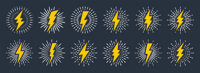 Set of yellow vintage lightning bolts and sun rays. Lightnings with sunburst effect. Thunderbolt, electric shock sign. Vector illustration.