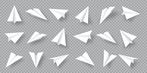 Realistic handmade paper planes collection on transparent background. Origami aircraft in flat style. Vector illustration.