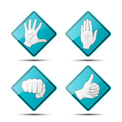 Collection human hand various gestures sketch on background road sign, thumbs up knuckles outline, open palm icon