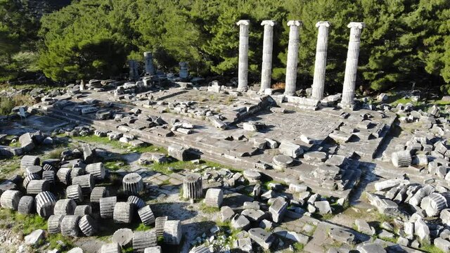 Aerial drone view of Temple of Athena Polias in the Ancient Priene, Aydin Province, Turkey
