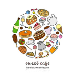 Hand drawn sweets in circle.