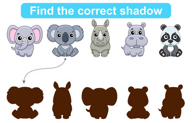 Find correct shadow. Kids educational game. Set of Forest and Zoo Animals to find the correct shadow. Simple gaming level for preschool kids