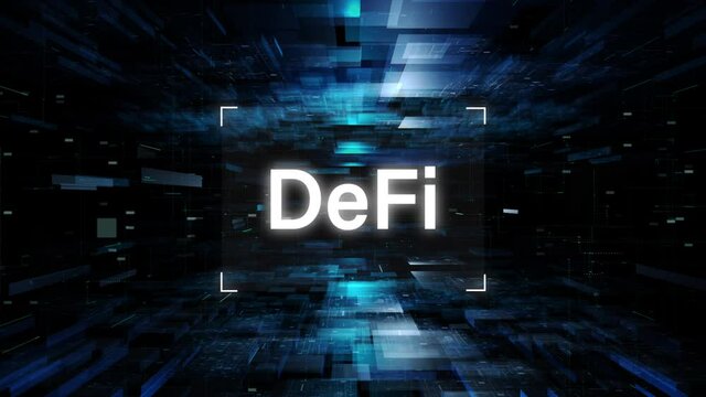 DeFi Decentralized finance is a blockchain-based form of finance not rely on central financial intermediaries, Technology network future digital money exchange background.