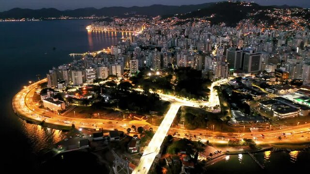 Nightlife view of illuminated bridge in Florianopolis city, Santa Catarina, Brazil.Nightlife view of illuminated bridge in Florianopolis city, Santa Catarina, Brazil.Nightlife view.