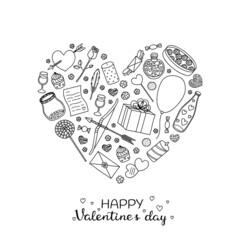 Hand drawn romantic items in heart shape.