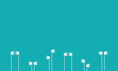 Podcast horizontal poster. white headphone earphones, headset isolated on blue background.