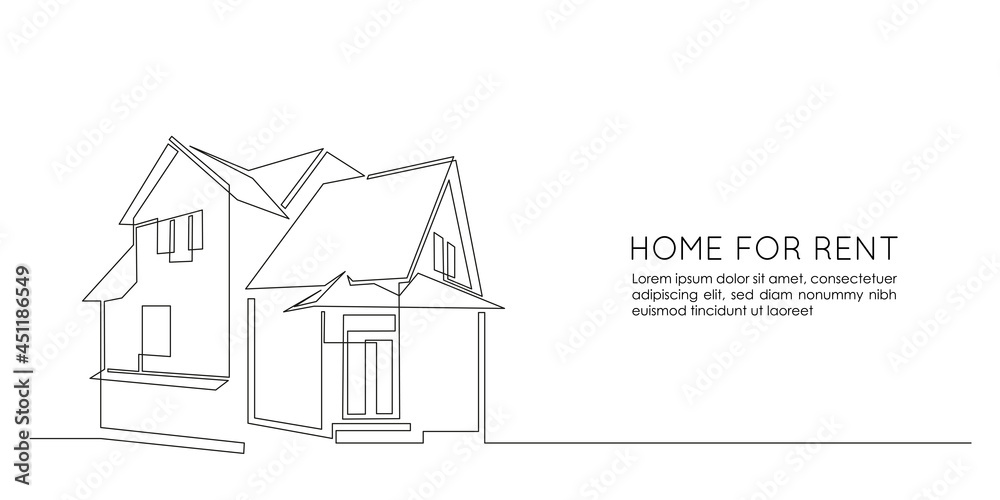 Leinwandbilder One continuous line drawing of family two story house at village. Modern concept of Home architecture in minimalistic linear style for web banner. Doodle Vector illustration