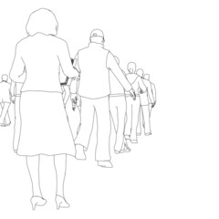 Fototapeta na wymiar Contour of a crowd of people standing in a row of black lines isolated on a white background. Queue of people. Vector illustration