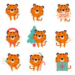 Obraz premium Set of cute cartoon tigers. New year tigers with various festive attributes. Chinese new year 2022 symbol. Character design concept. Cartoon vector illustration.