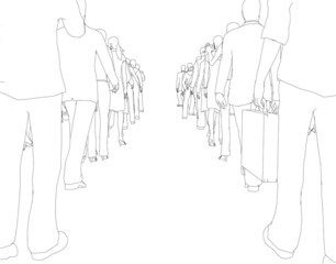 Contour of a crowd of people standing in a row from two sides from black lines isolated on a white background. Queue of people. Vector illustration