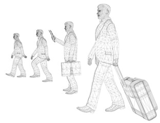 Fototapeta na wymiar Wireframe of four people walking with a suitcase, a briefcase and without them from black lines isolated on a white background. 3D. Vector illustration