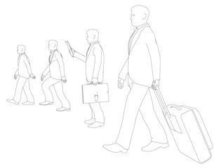 Contour of four people walking with a suitcase, briefcase and without them from black lines isolated on a white background. Vector illustration