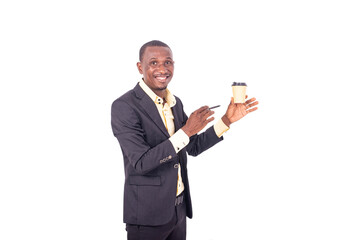 young business man presenting paper cup of coffee and smiling.