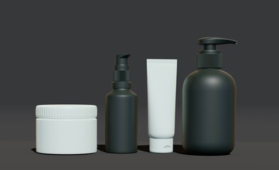 Minimal background for cosmetic branding and packaging presentation. Stage black and white colors. High-quality 3d render. Design of natural cosmetic empty bottle packaging.
