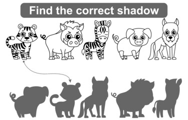 Find correct shadow. Kids educational game. Set of Forest and Zoo Animals to find the correct shadow. Simple gaming level for preschool kids