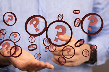Businessman solving problem with digital question marks 3D rendering