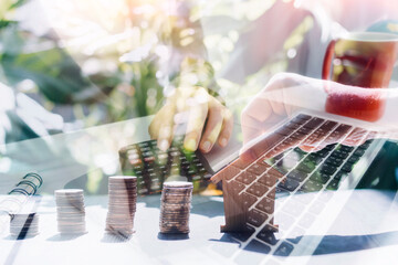 save money investment and business finance , Money coin stack growing graph with piggy bank saving concept. Balance savings and investment.