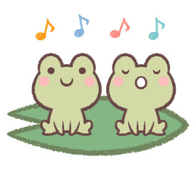 蓮の葉に乗って歌う複数のカエル