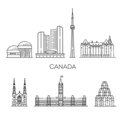 Canada architecture line skyline illustration. famous landmarks