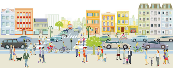 Stadtsilhouette mit Menschen auf dem Bürgersteig und Straßenverkehr Illustration