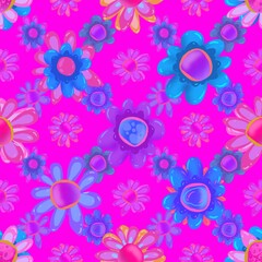 Floral seamless pattern. Cheerful magic flowers. Hand drawn flowers, endless background for fabric, tektil, packaging, paper, baby products.