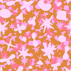 Abstract seamless pattern. Pink, lilac biomorphic elements on a white background. Stars, circles, drops, lines, spots, bubbles.