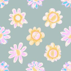 Floral seamless pattern. Cheerful magic flowers. Hand drawn flowers. endless background for fabric, tektil, packaging, paper, baby products.