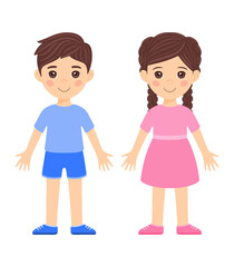 Cut Little Brunette Boy in Shorts, Shirt, Shoes and Girl with Pigtails, and in Dress. Couple of Children. Two Kids are Smiling. Flat Cartoon style. White background. Vector stock illustration.