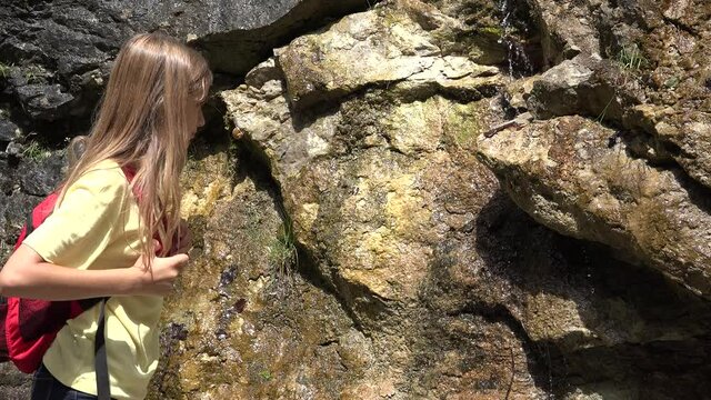Kid Washing Hands, Drinking Water from River, Child Playing in Spring Waterfall, Girl Hiking at Camping in Mountains Trip Trails