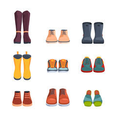 Shoe front view. Fashioned elegant trendy boots and sneakers for men and women garish vector flat pictures of shoes