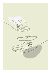 Vector illustration of a hand and a flower in line art style for decoration