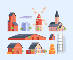 Farm constructions. Rural buildings village old buildings medieval agricultural illustrations in flat style garish vector collection