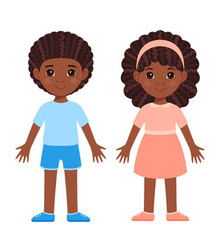 Pretty Couple. Black Boy and Girl. Children with Afro Curly Hairstyles. Preschool kids with Brown Skin, in Clothes. A Doll in a Dress, Shorts, Shoes and a Shirt. Flat Sartoon Solor style. Vector image