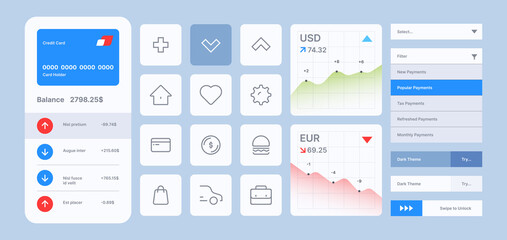 Web ui kit. Digital creativity graphics templates for online web navigation menu dividers search bars buttons user modern icons garish vector infographic