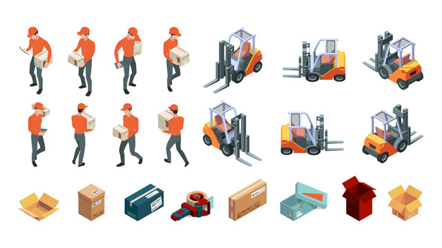 Warehouse isometric. Shipping transporting and forklift loader services warehouse garish vector illustrations set