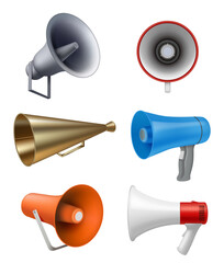 Realistic megaphone. Communication stuff for advertising talking symbols lifeguard loudspeakers noise alarm voice decent vector illustrations