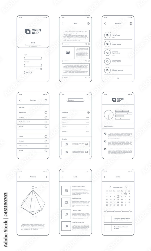 Poster Web ui kit line. Wireframes for clean design projects websites minimalism app templates navigation buttons bars dividers checkboxes lines garish vector set
