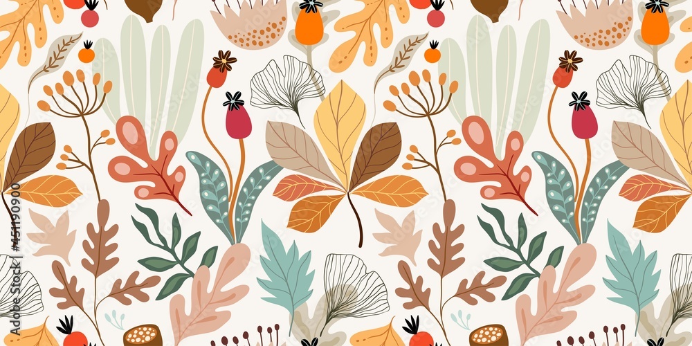 Wall mural Autumn seamless pattern with different plants and leaves, seasonal decorative design