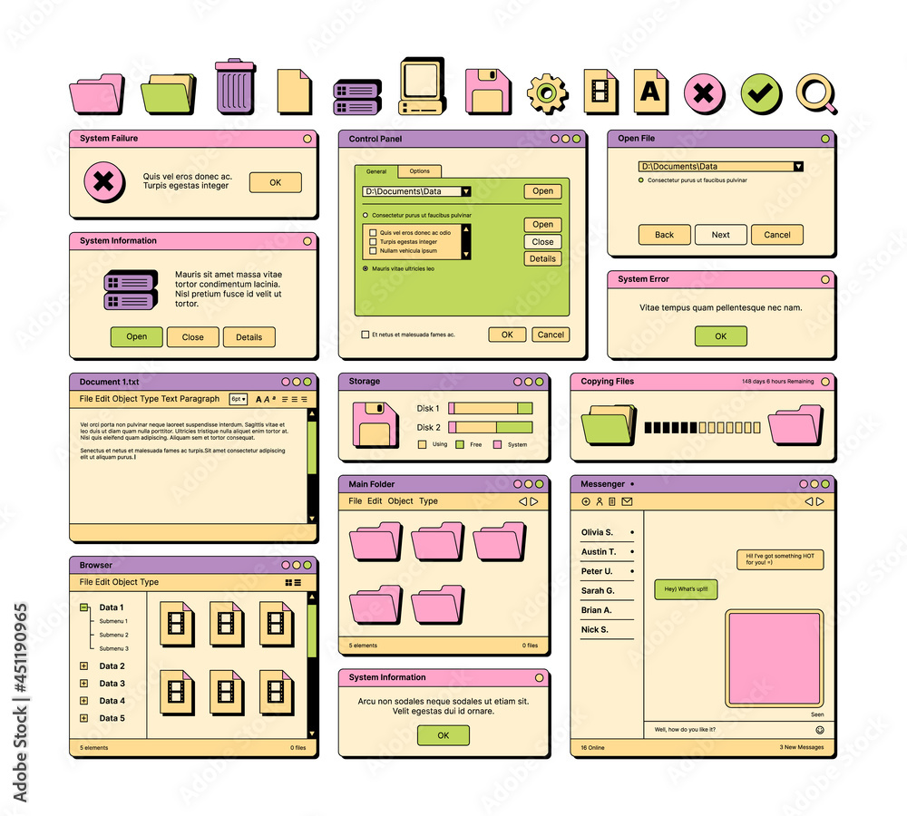 Poster web ui. 90s layout screen elements frame pages banners icons dividers and buttons garish vector ui t